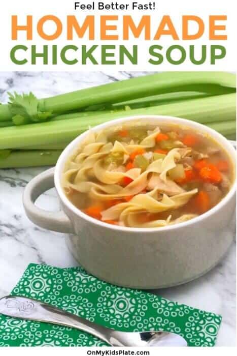A bowl of chicken noodle soup with celery in the background and text title overlay