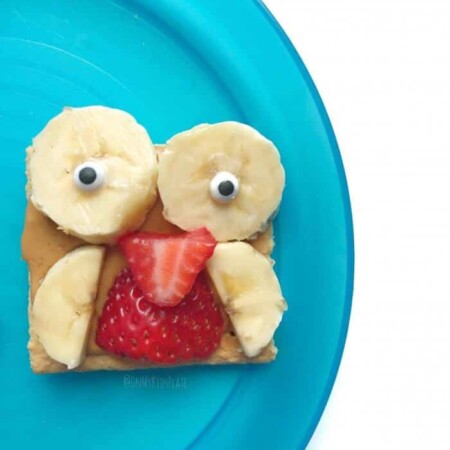 A graham cracker decorated with fruit to look like an owl on a blue plate