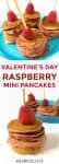 Small pancake stacks topped with raspberries with text title overlay