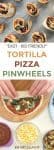 A person's hands wrapping a tortilla filled with pizza ingredients with text title overlay