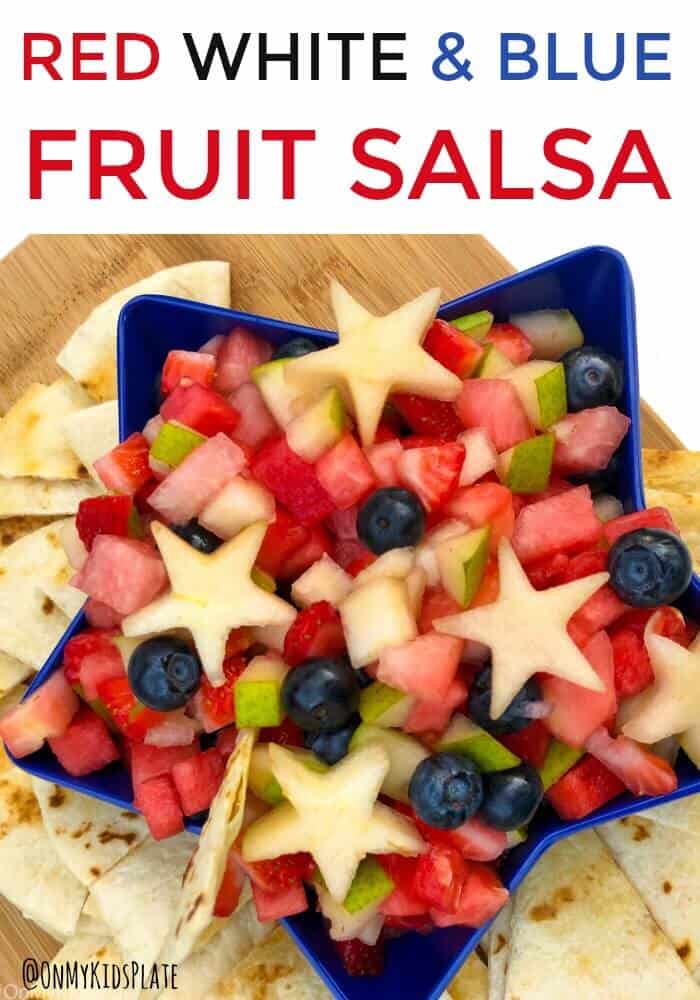 A star-shaped bowl of fruit salsa with chips with text title overlay 