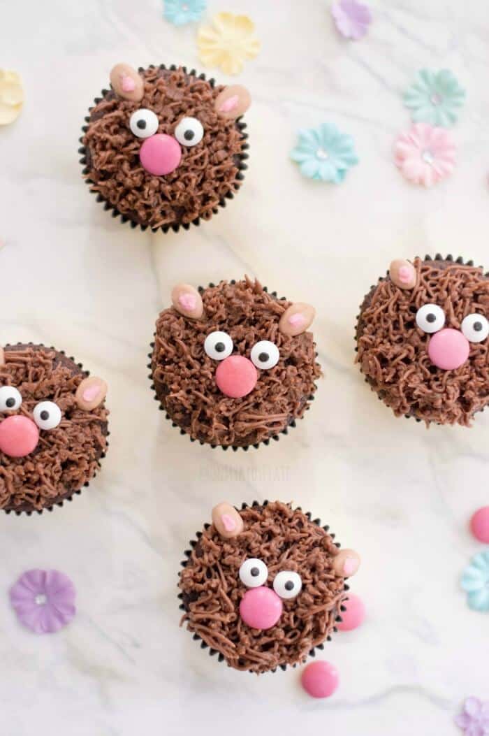 Multiple cupcakes from overhead decorated like brown bears