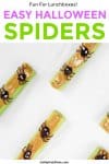Pieces of celery sit on a white counter covered in peanut butter. Each piece of celery is topped with raisins made to look like spiders with chocolate legs and eyes.