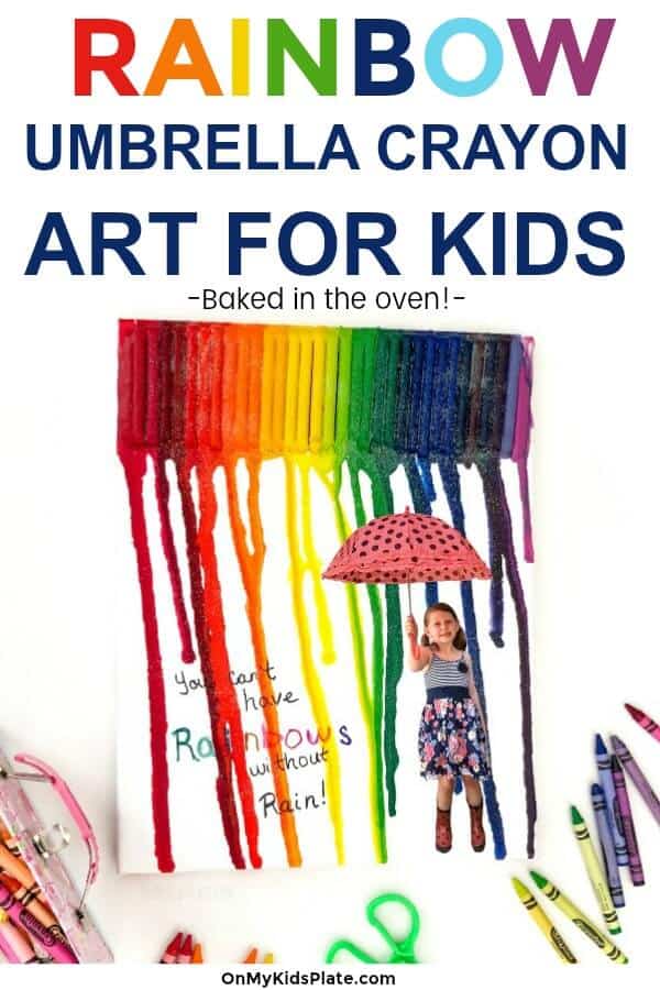 A canvas with melted crayon art over a child holding an umbrella with text title overlay