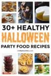 Collage of healthy halloween snacks and treat with title text across the center.