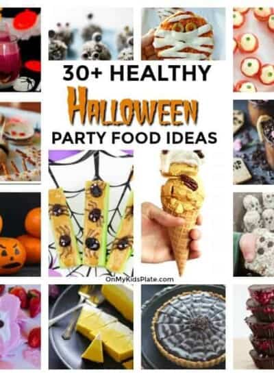 An image collage of Halloween party food with text title overlay.