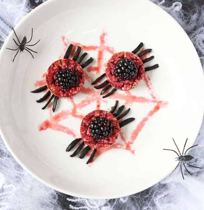 Rice caked decorated with jam to look like spiders.