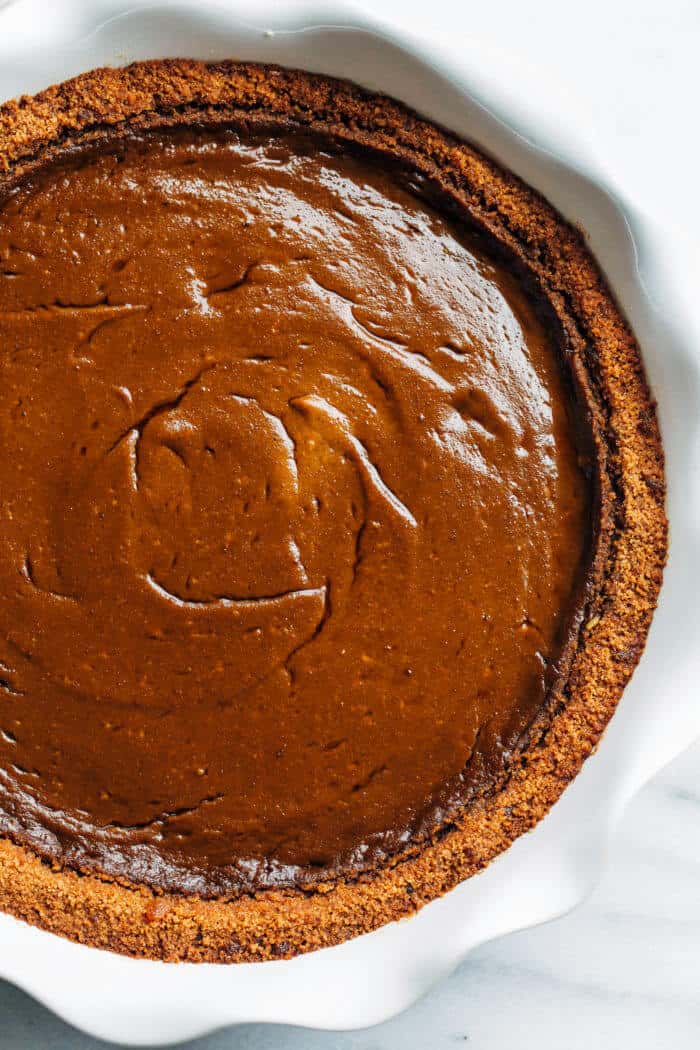 Close up of pumpkin gingerbread pie from above