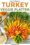 A close up of a turkey-shaped vegetable platter with text title overlay