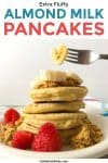 stack of pancakes on a plate with fruit with a fork holding a slice of banana above the pancakes and title text across the top of the image.