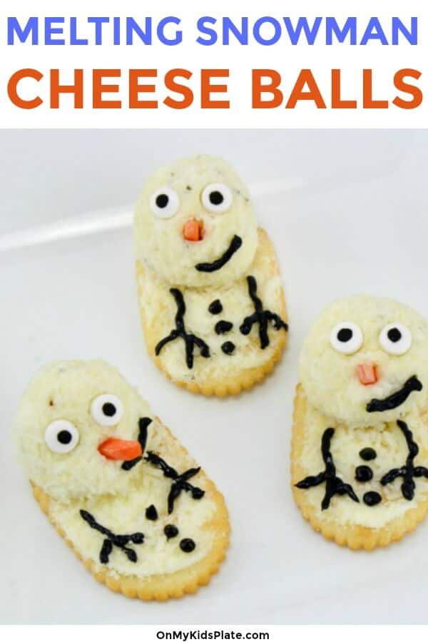 cheeseball snowmen crackers with text title overlay