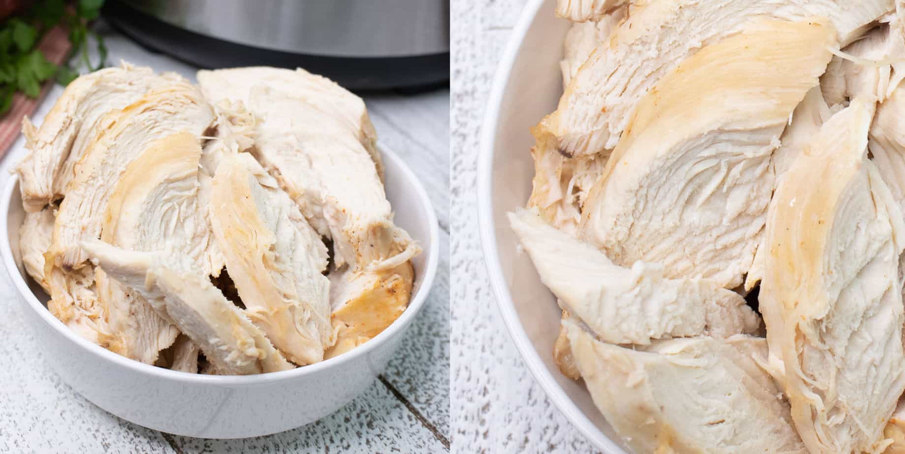 Sliced chicken in a bowl on the left, on the right a close up view of the chicken