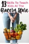 A person holding a metal grocery basket full of vegetables with text title overlay