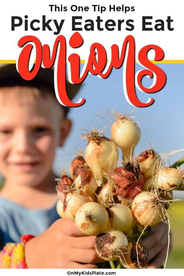 A child holding a bundle of onions with text title overlay