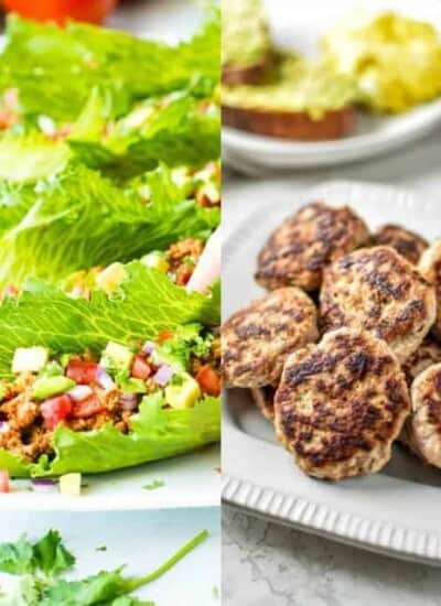 A plate of lettuce wraps with turkey next to a second image of a plat of sausage patties.