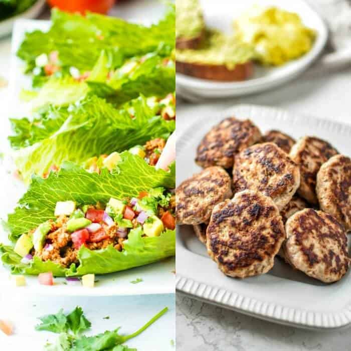 A plate of lettuce wraps with turkey next to a second image of a plat of sausage patties.