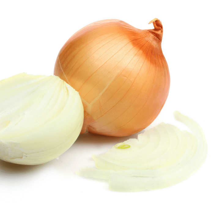 A full onion, a peeled onion cut in half and a slice of onions