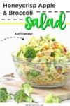 A bowl of broccoli pasta salad from the side with text title overlay