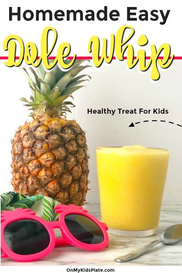 A glass of smoothie next to a pineapple and kid\'s pineapple sunglasses with text title overlay.