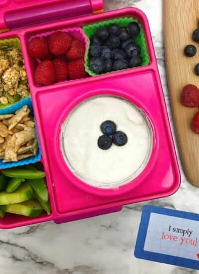 A kid's bento lunchbox full of yogurt, raspberries, blueberries, cucumbers, granola and bunny crackers