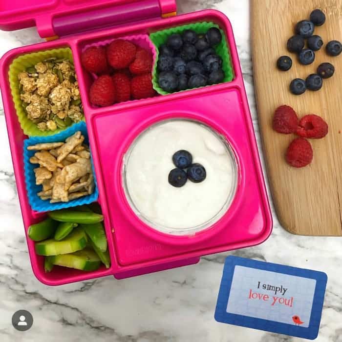 A kid\'s bento lunchbox full of yogurt, raspberries, blueberries, cucumbers, granola and bunny crackers