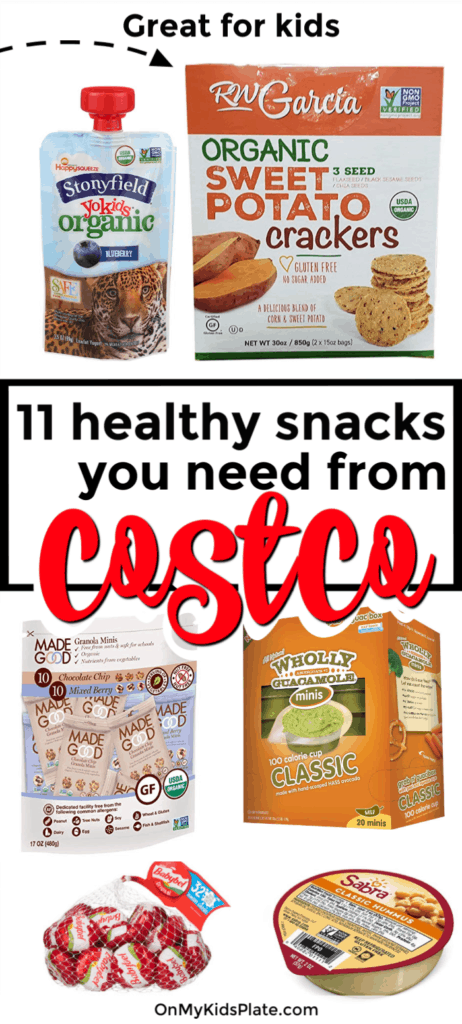 Snack boxes from various snacks with text title overlay that says \"11 healthy snacks you need from Costco\"