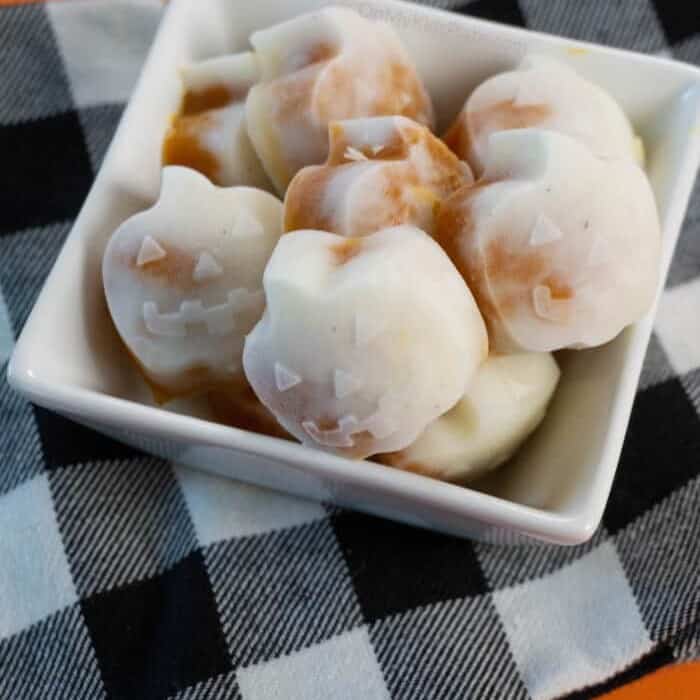 Frozen yogurt and pumpkin snacks shaped like pumpkins