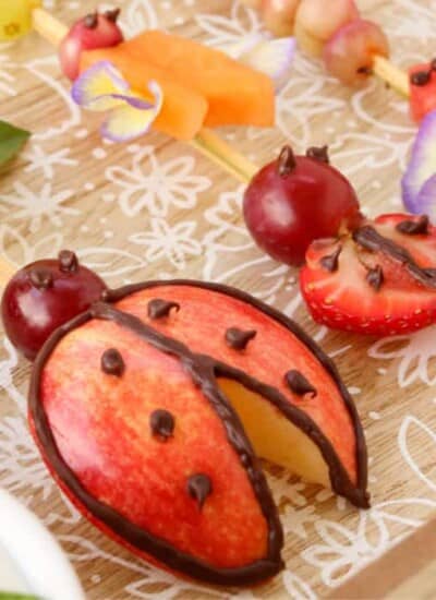 A plate of fruit skewers decorated and shaped like lady bugs and other insects