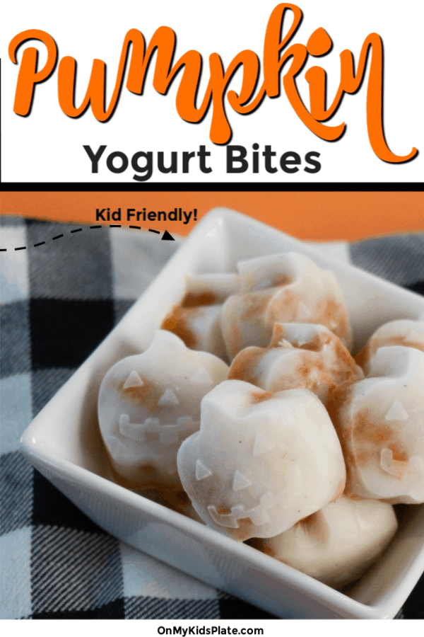 Pumpkin yogurt frozen bites shaped like pumpkins with text title overlay
