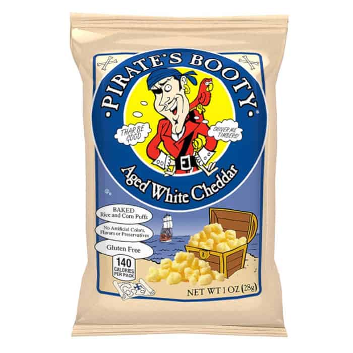 A bag of Pirate\'s Booty cheese snacks