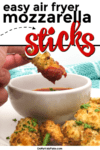 mozzarella cheese stick being dipped in red sauce with text title overlay