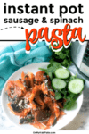 A plate of pasta and salad on a plate next to an instant pot with text title overlay