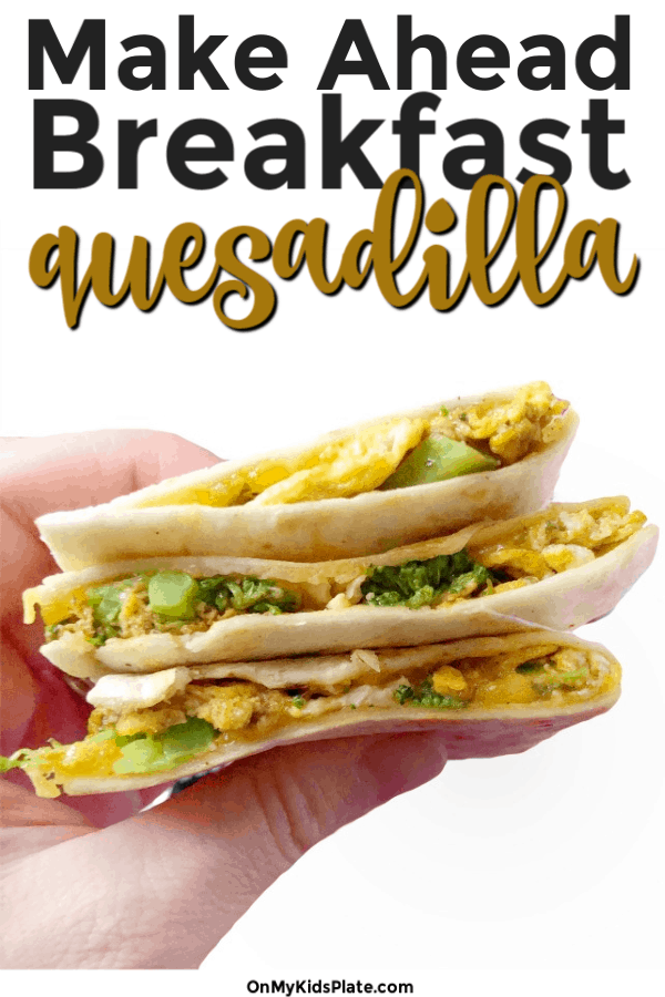 A stack of quesadilla pieces held by a hand with text title overlay