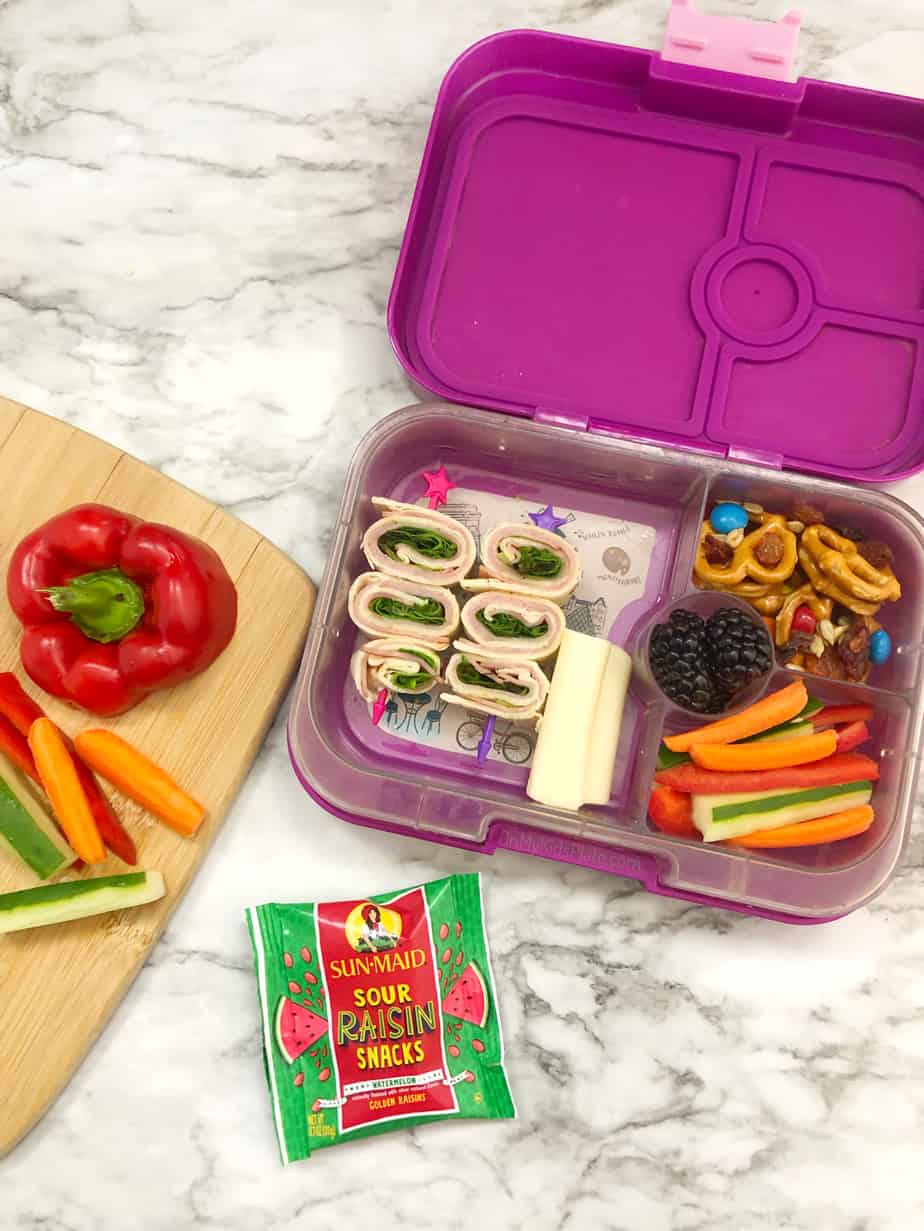 A kid\'s bento lunchbox full of wrap bites on a stick, trail mix with pretzels, raisins and chocolate, blackberries and carrots, peppers and cucumber slices next to a pouch of raisins.