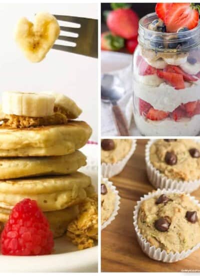 A collage of images of pancakes with fruit, muffins and overnight oats layered with fruit