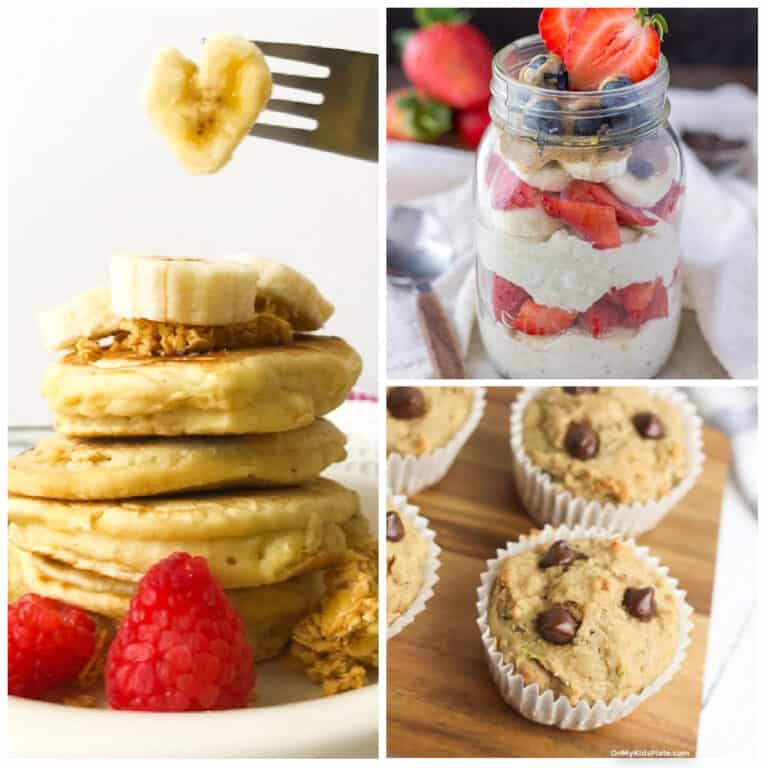 A collage of images of pancakes with fruit, muffins and overnight oats layered with fruit