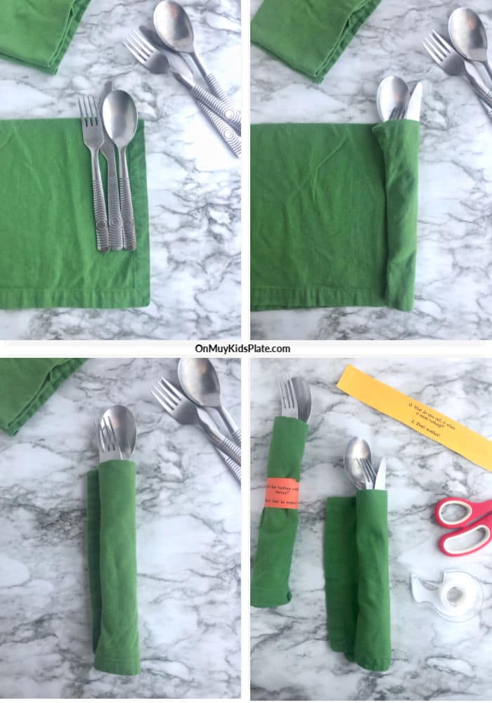 Showing how to roll the silverware in a napkin and secure the joke napkin rings with scissors and tape