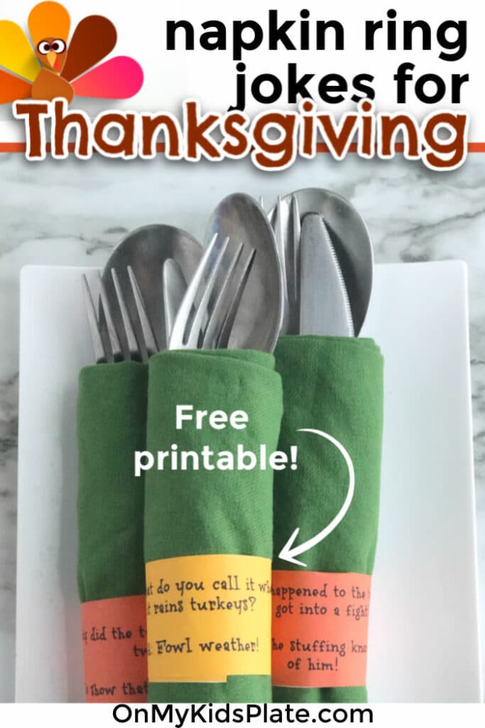 A close up of silverware with joke napkin rings with text title overlay