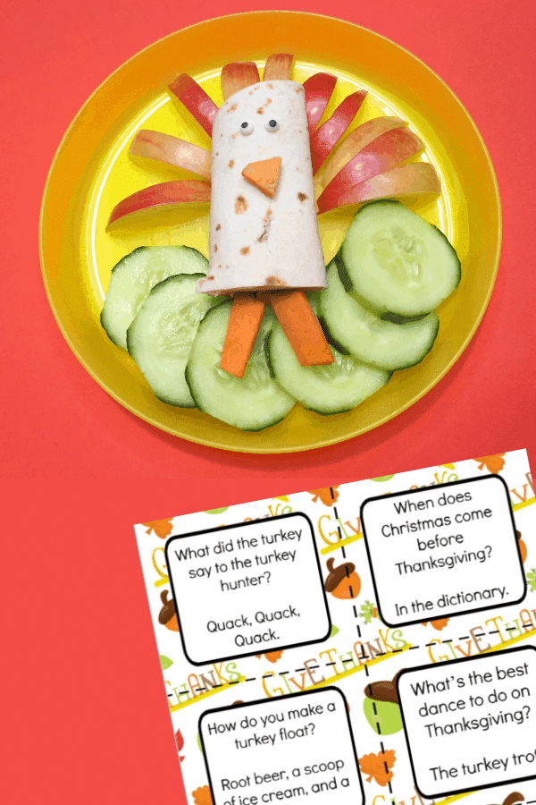 A wrap made to look like a turkey with apple and carrot sitting on cucumber on a plate next to a printable of thanksgiving lunchbox jokes