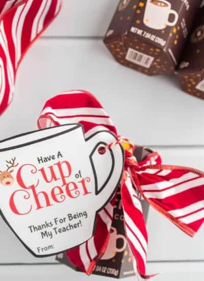 A hot chocolate gift dressed up with a ribbon bow and a Christmas mug shaped gift tag