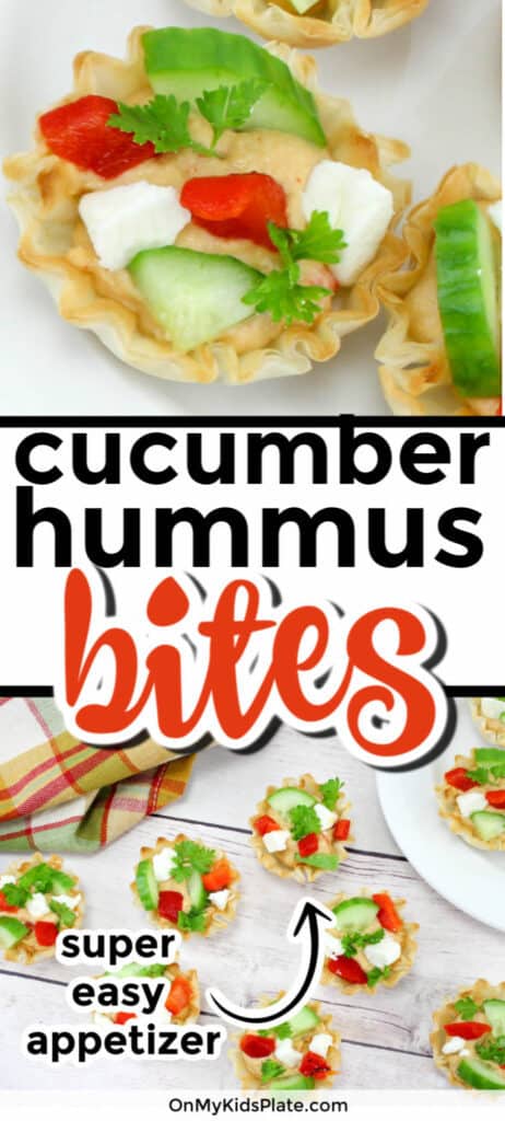 Hummus bite appetizers close up and on a table with text title overlay