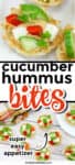 Hummus bite appetizers close up and on a table with text title overlay