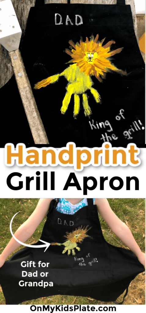 A child wearing an apron and a close up of the apron with a handprint on it with text title overlay