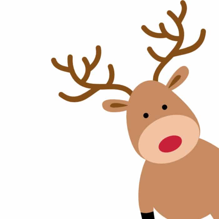 A cartoon reindeer facing forward standing on it's hind legs like a person