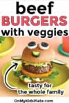 A beef burger made to look like a funny face on a plate with text title overlay