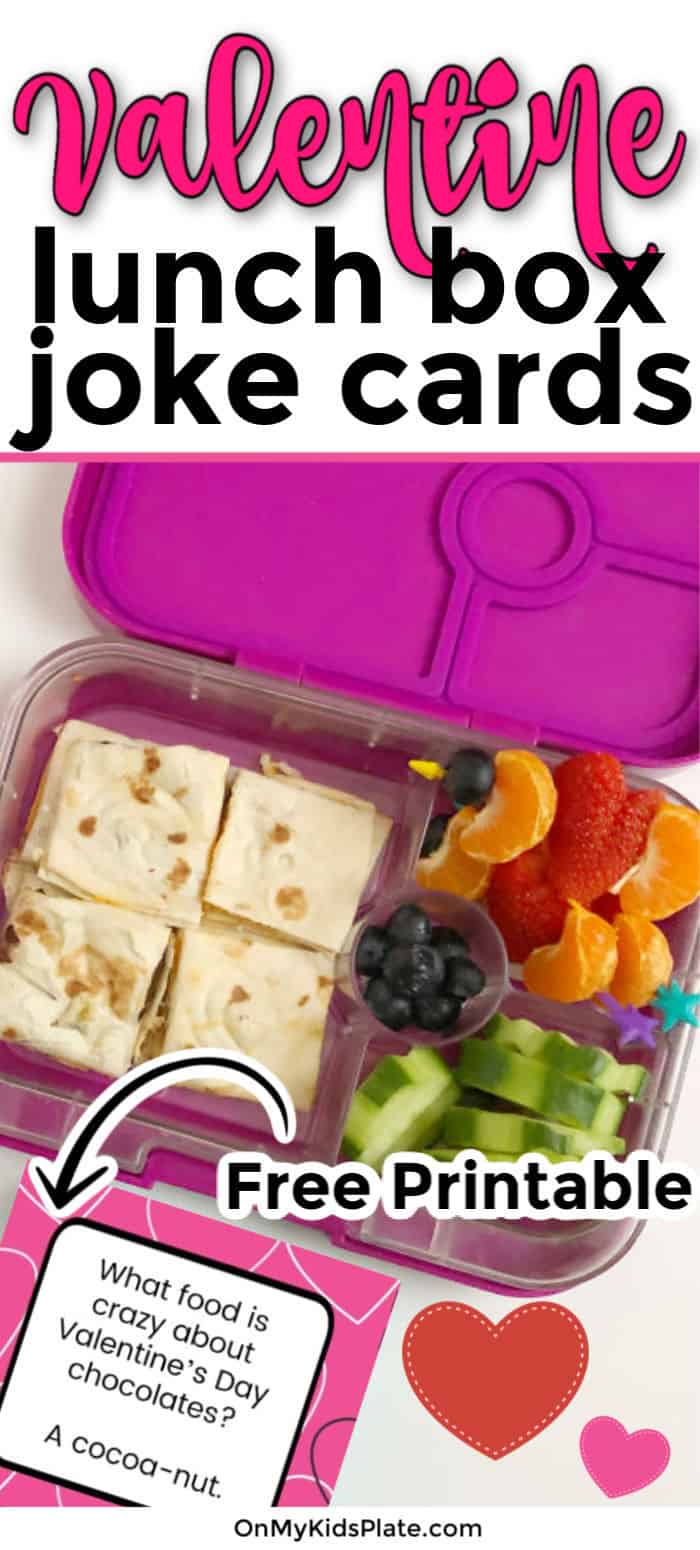 A kid\'s bento lunchbox full of quesadilla, cucumbers, blueberries, oranges and strawberries shaped like hearts with text title overlay