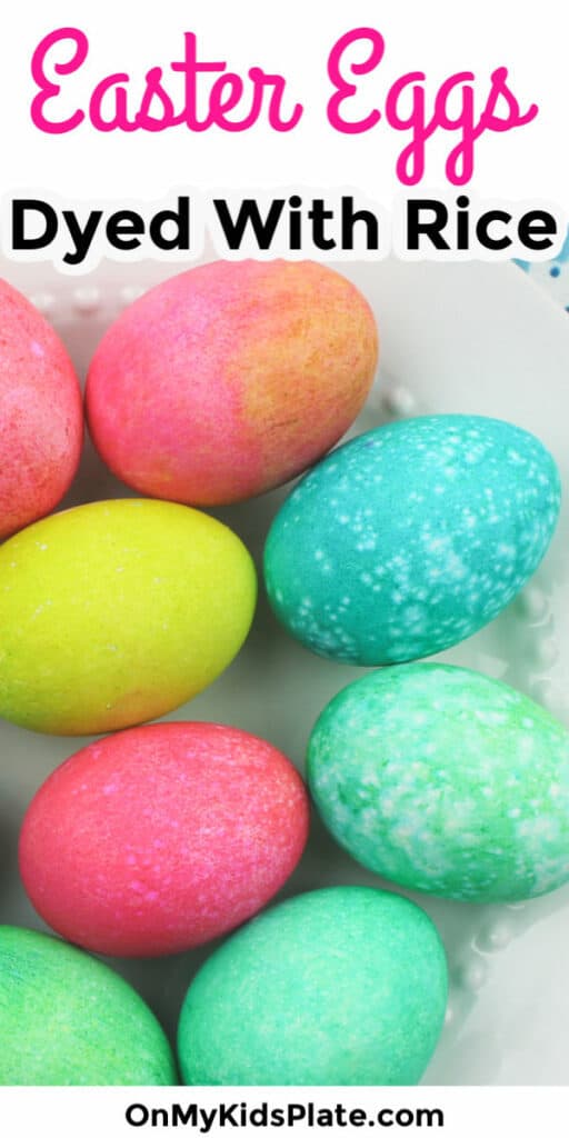 Close up of colored eggs from above