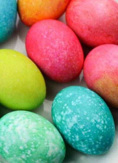A pile of colorful easter eggs
