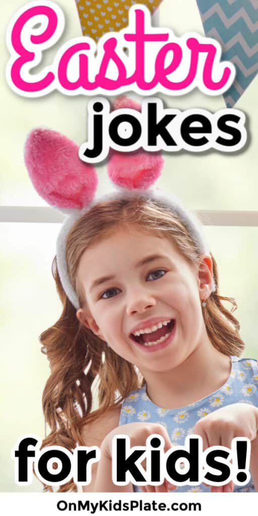A little girl smiling at the camera pretending to be a rabbit with text title overlay