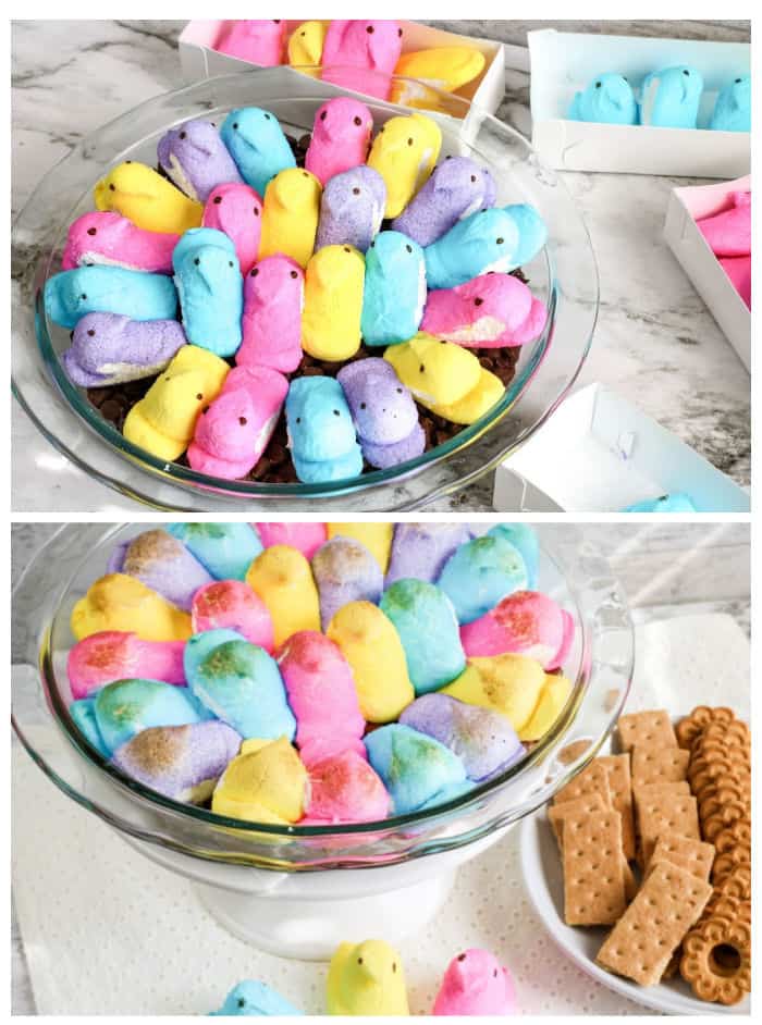 Peeps marshmallows in a glass dish topping chocolate, with a second image of the marshmallows melted and brown